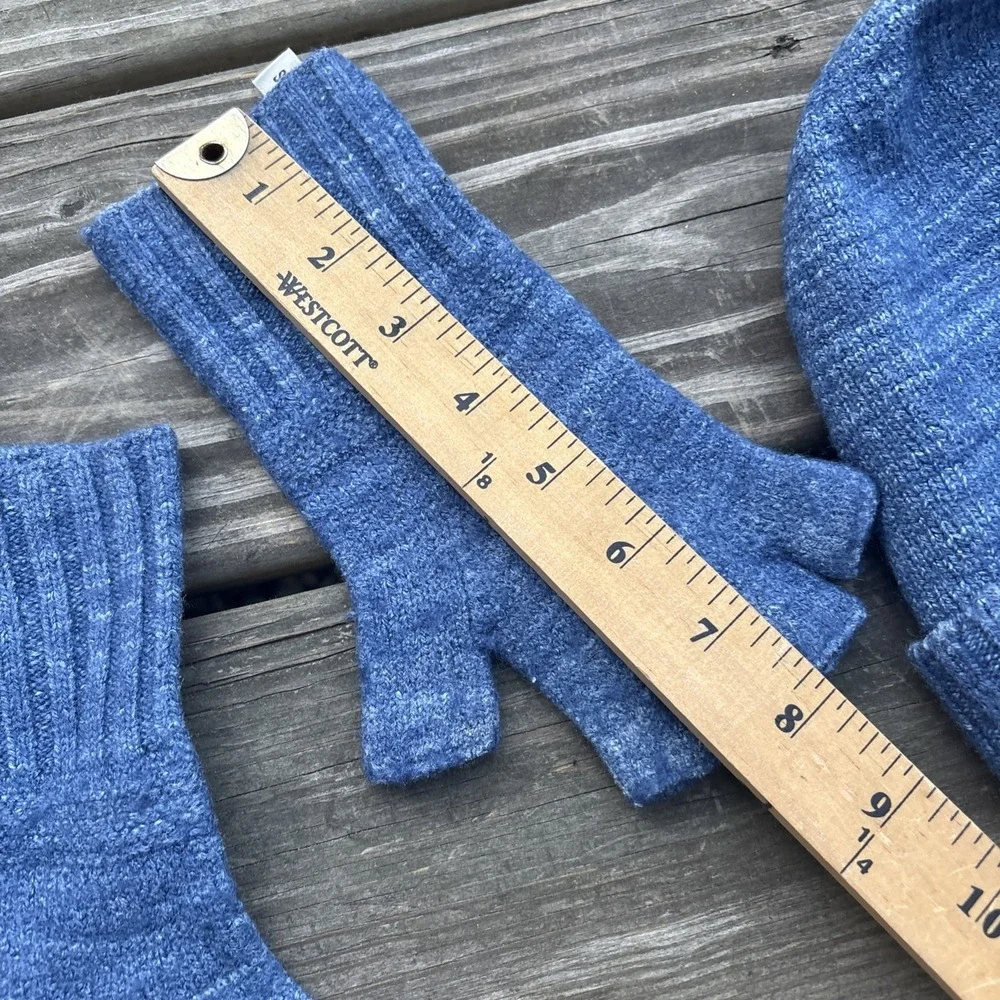 Swans Island hand dyed blue USA Silk Wool fingerless gloves Beanie Hat Cap Knit
